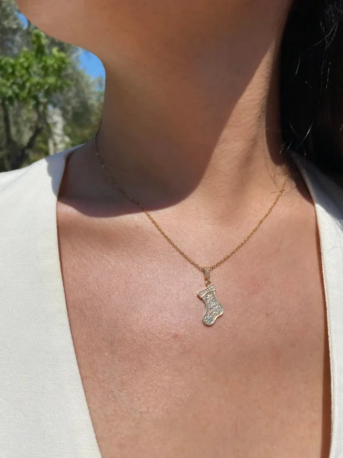 Zirkon Taşlı Çorap Model Çelik Kolye | Altın Renk