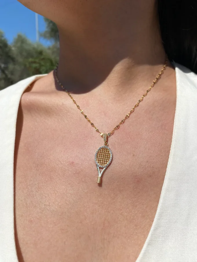 Kadın 316l Zirkon Taşlı Raket Çelik Kolye | Gold Renk