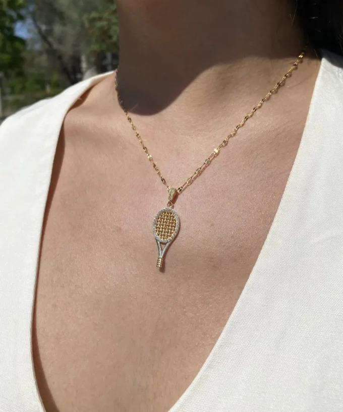Kadın 316l Zirkon Taşlı Raket Çelik Kolye | Gold Renk