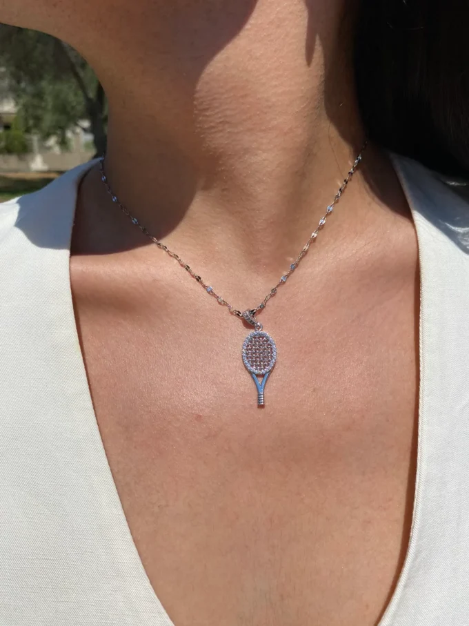Kadın 316l Zirkon Taşlı  Raket Çelik Kolye | Gümüş Renk