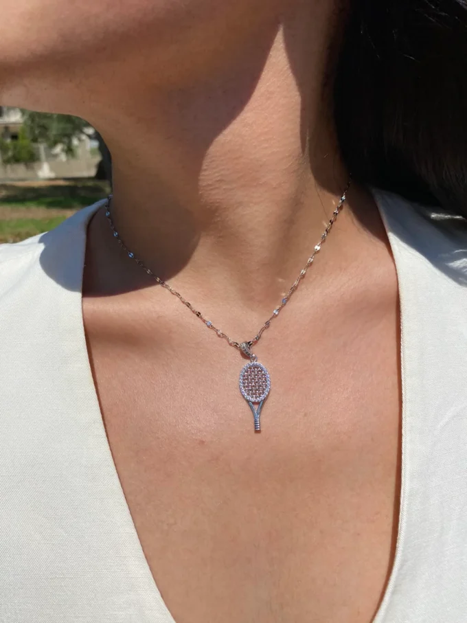 Kadın 316l Zirkon Taşlı  Raket Çelik Kolye | Gümüş Renk