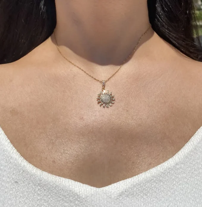 Zirkon Taşlı Güneş Model Çelik Kolye | Gold Renk