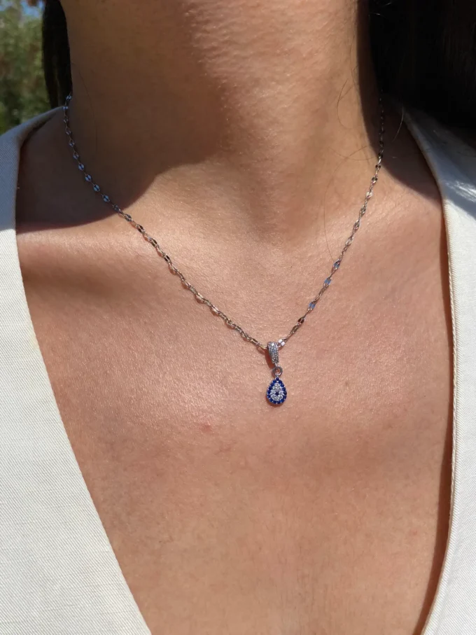 Zirkon Taşlı Damla Nazar Boncuk Model 316L Çelik Kadın Kolye | Gümüş Renk