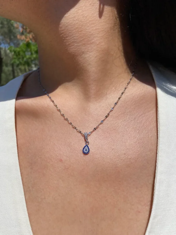 Zirkon Taşlı Damla Nazar Boncuk Model 316L Çelik Kadın Kolye | Gümüş Renk