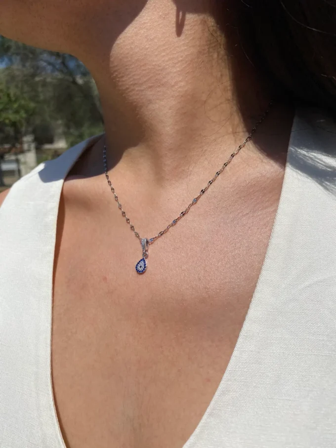 Zirkon Taşlı Damla Nazar Boncuk Model 316L Çelik Kadın Kolye | Gümüş Renk