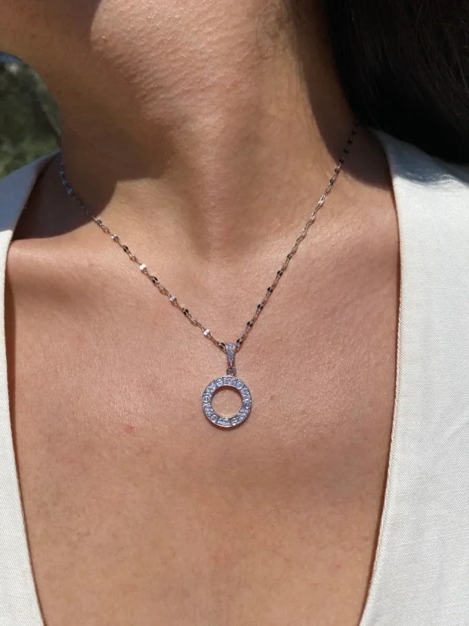 Zirkon Taşlı Cartier Model 316L Çelik Kadın Kolye | Gümüş Renk