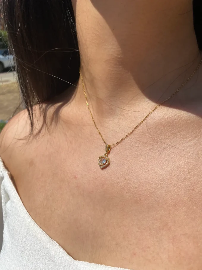 Beyaz  Zirkon Taşlı Kalp Model 316L Çelik Kadın Kolye | Gold Renk